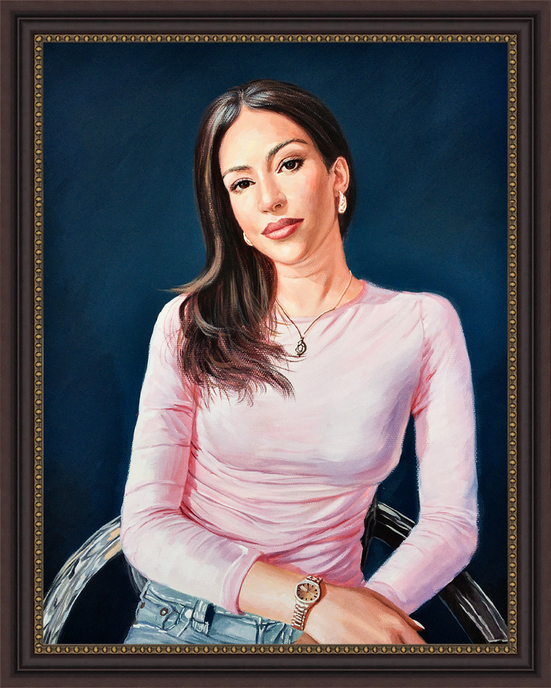Pastel portrait of a woman in a pink top with a blue background